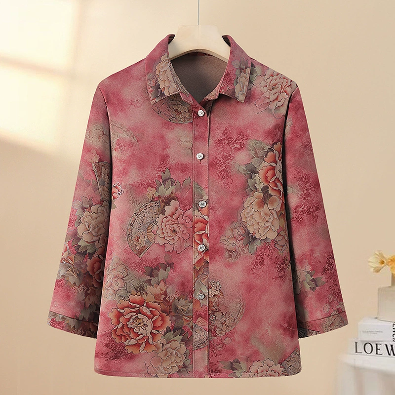 Повседневная весенне-летняя рубашка с лацканами для мам среднего и пожилого возраста с принтом большого размера, куртка, топы, новинка 2024 года, стильная рубашка для мамы