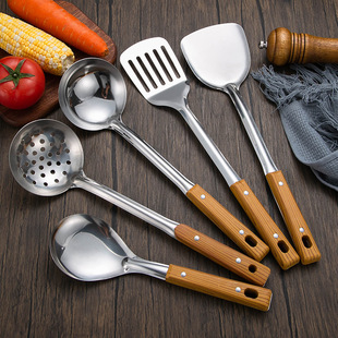 Stainless Steel Anti-Scalding Handle Spatula Soup Spoon Colander Imitation Wood Grain Kitchen Utensil Set Kitchen Household Cooking Spatula Thickeneded