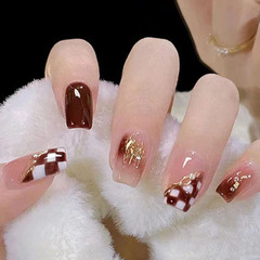 Gentle & Sweet Style Wearable Nail Tips, Short Brown-White Patchwork Checkered Designs, Wholesale Artificial Nail Plates