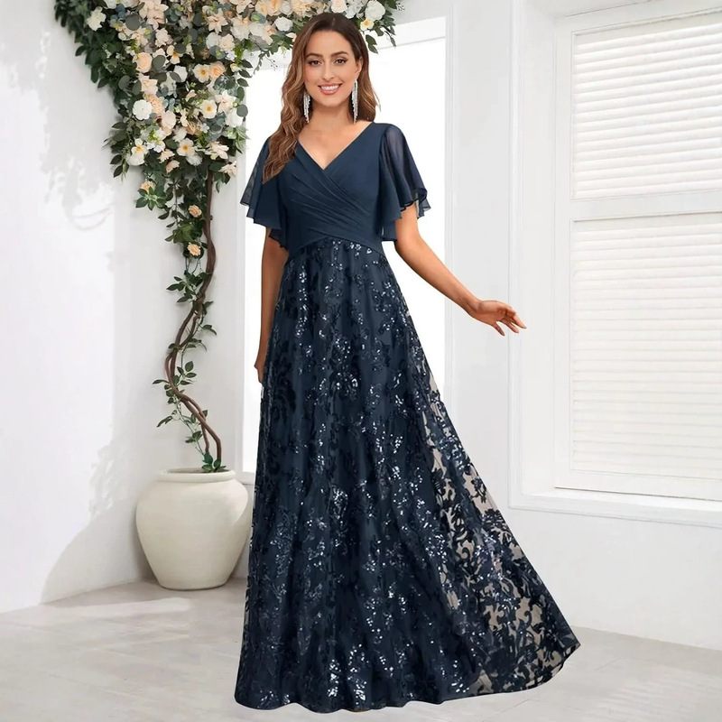 Lotus leaf short-sleeved V-neck sequined lace long dress, available on AliExpress for cross-border e-commerce, featuring embroidery and suitable for evening parties and galas, exuding elegance