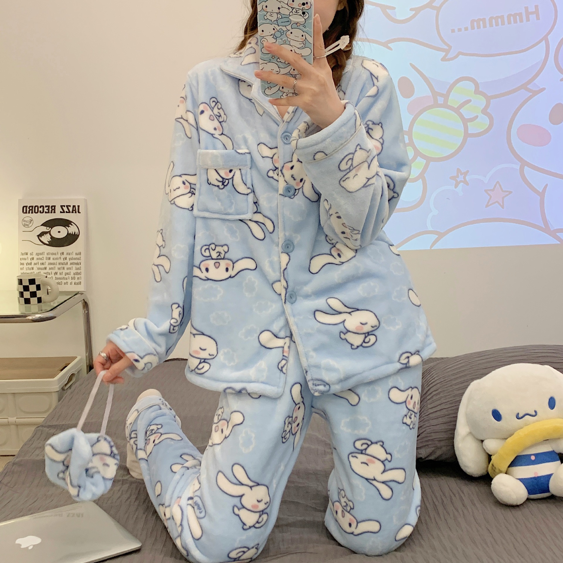 Japonés yugui perro pijamas de franela las mujeres solapa Otoño e Invierno manga larga máscara dibujos animados homewear caliente traje