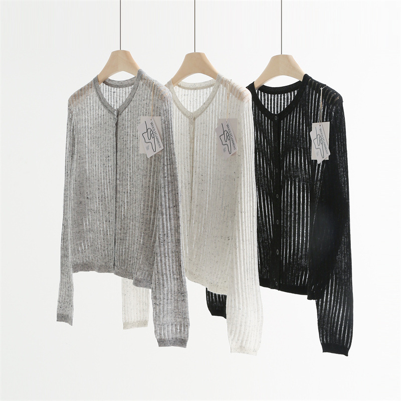 Artistic Strings Colorful Yarn Linen Wool Round Neck Hollow Knit Cardigan Autumn Thin Top Jacket H8129
