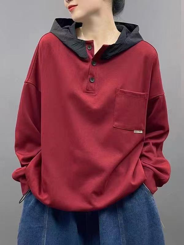 新品文艺简约韩系半开门襟抽绳摆百搭休闲撞色连帽套头卫衣|undefined