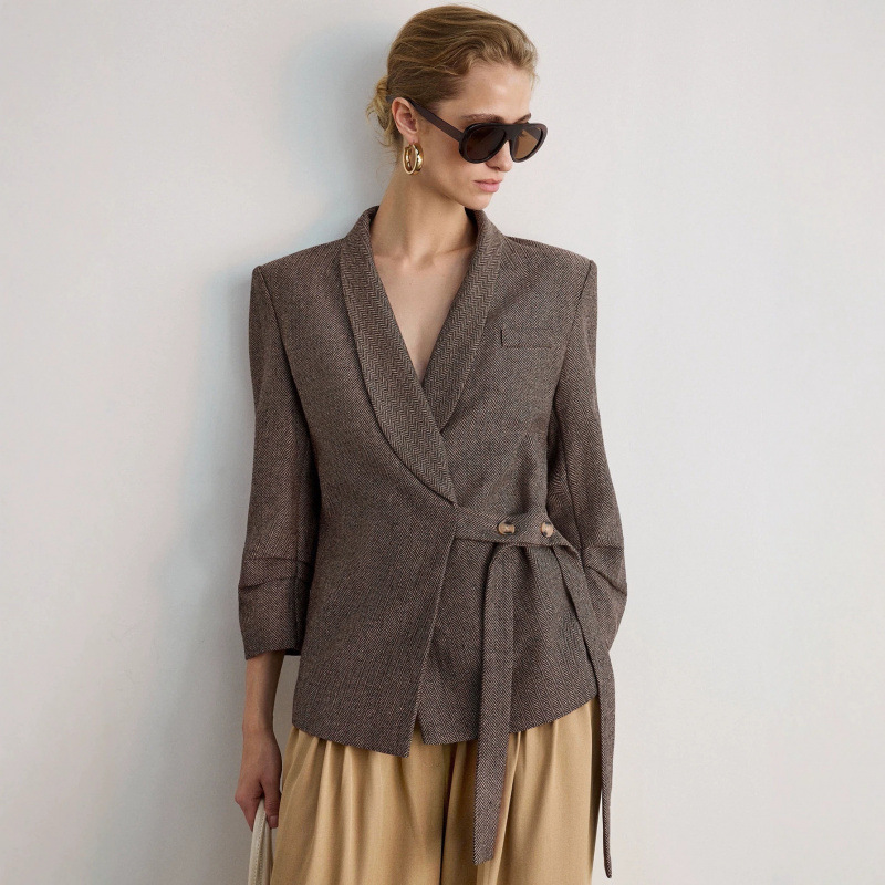 New cross-border export European and American style herringbone waist-cinching suit jacket with shawl collar and belt, slimming and suitable for commuting.