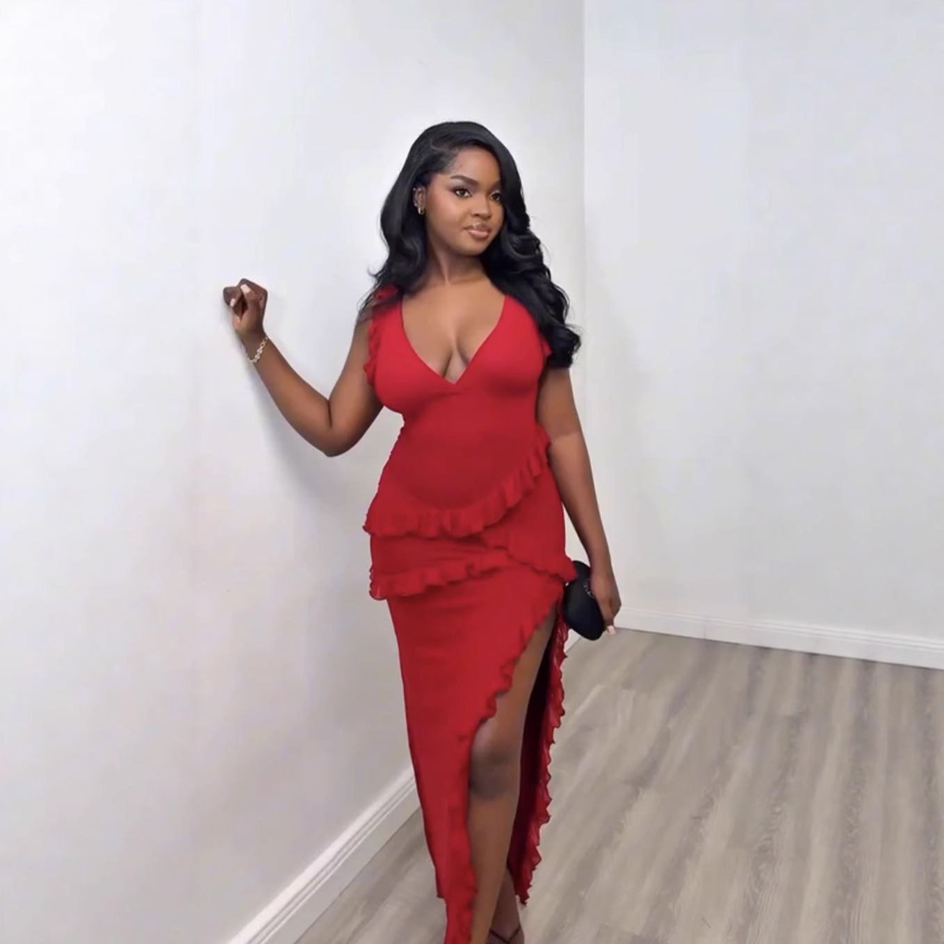 Sexy Ruffled Patchwork Dress Style Backless Slit Solid Color Fashion Elegant Women's Clothing_ecoleips.com