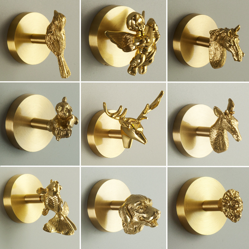 New style punch-free Nordic decorative hook brass animal clothes hook hallway bedroom clothes hook wall-mounted coat hook