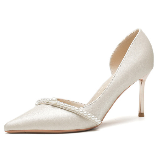 83313 Side hollow high heels women's stiletto 2024 spring new bridal wedding shoes pointed toe single shoes temperament bridesmaid shoes