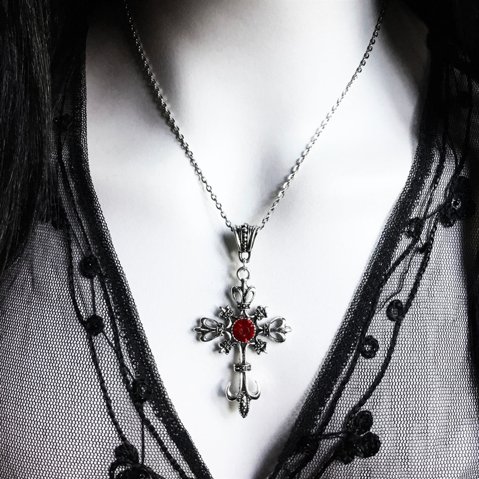 cross-border hot sale european and american vintage ruby cross necklace gothic dark stylish pendant necklace