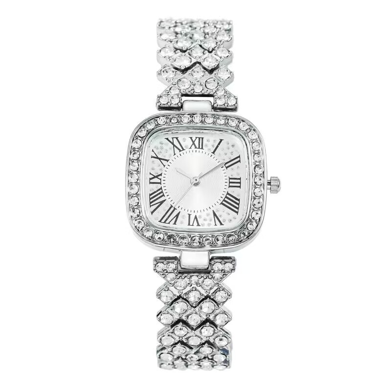 2024 koreansk version af moderigtigt stålbånd med indlagt dameur, vanddiamant romersk mønster kvartsarmbånd_voghion.com