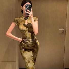 新中式黄色显瘦显白旗袍连衣裙国风中长款女细腰紧身包臀裙民国风