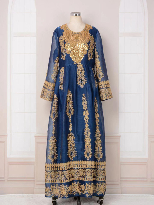 Nepalese Dress Arab Hui Robe Indian Nepalese Round Neck Embroidered Dress Blue