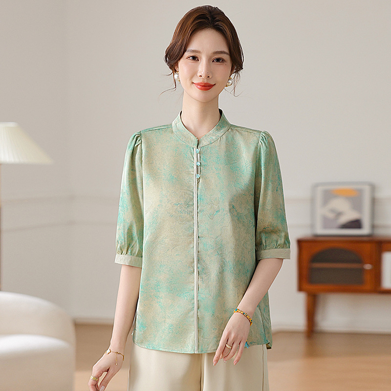 Women's New Fashion Thin Chinese Style Summer Shirt for Middle-Aged and Elderly, Elegant Blouse for Moms
