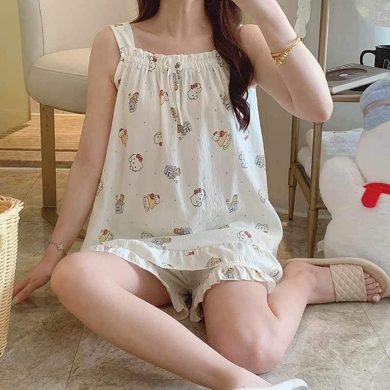 Venta al por mayor transfronteriza verano nuevo estilo tirantes pantalones cortos pijamas mujer nube algodón creativo lindo estampado ropa para el hogar se puede usar afuera
