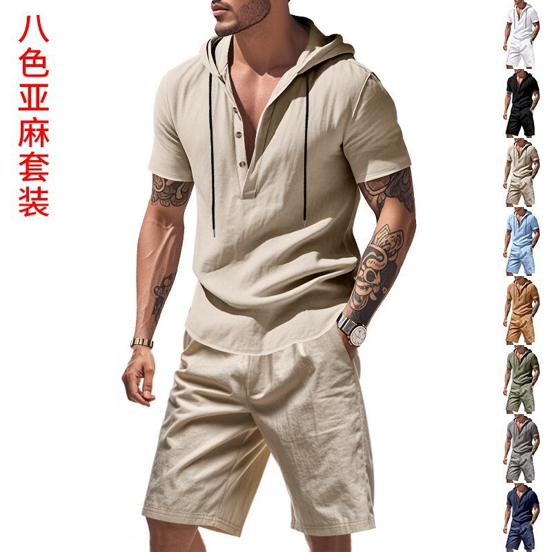 Amazon Foreign Trade Men's Clothing 2026 Summer Two-Piece Linen Hooded Short-Sleeved Shirt Shorts Casual Men's Suit