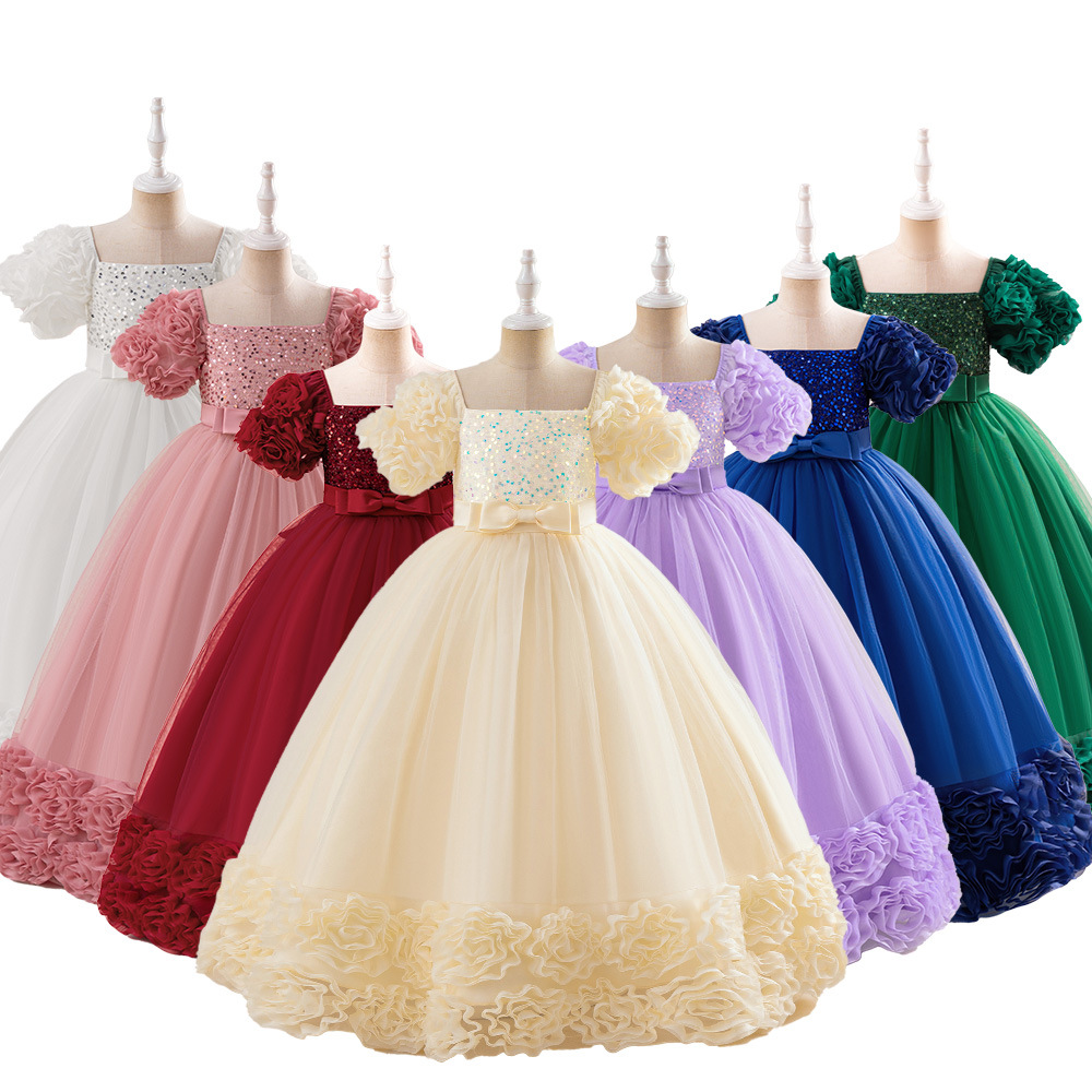 Amazon vestido de princesa de niña vestido de anfitrión vestido de malla rosa vestido de manga de burbuja vestido de sequilla