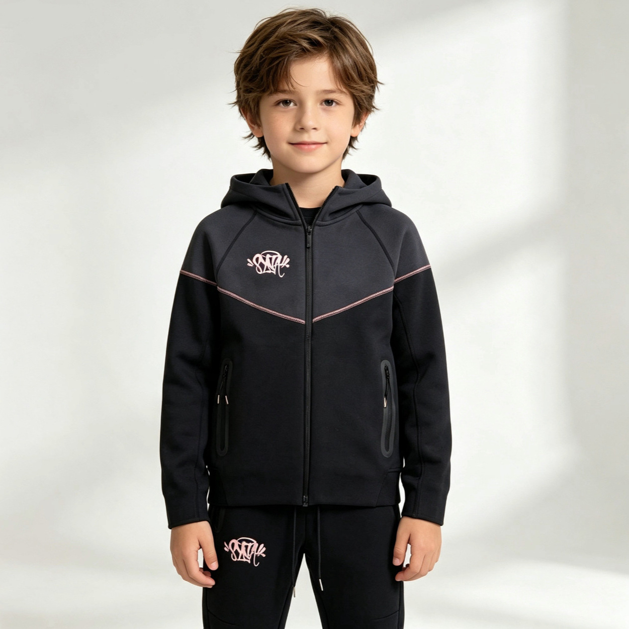 Overseas co-branded children's and youth windbreaker set, patchwork sportswear, unisex cardigan, American style