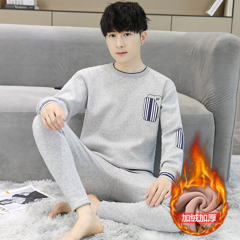 Thermal Underwear Men's Autumn Clothes and Pants suit Youth Winter Cotton fleece-lined Thickened Junior High School Students Wear a Set