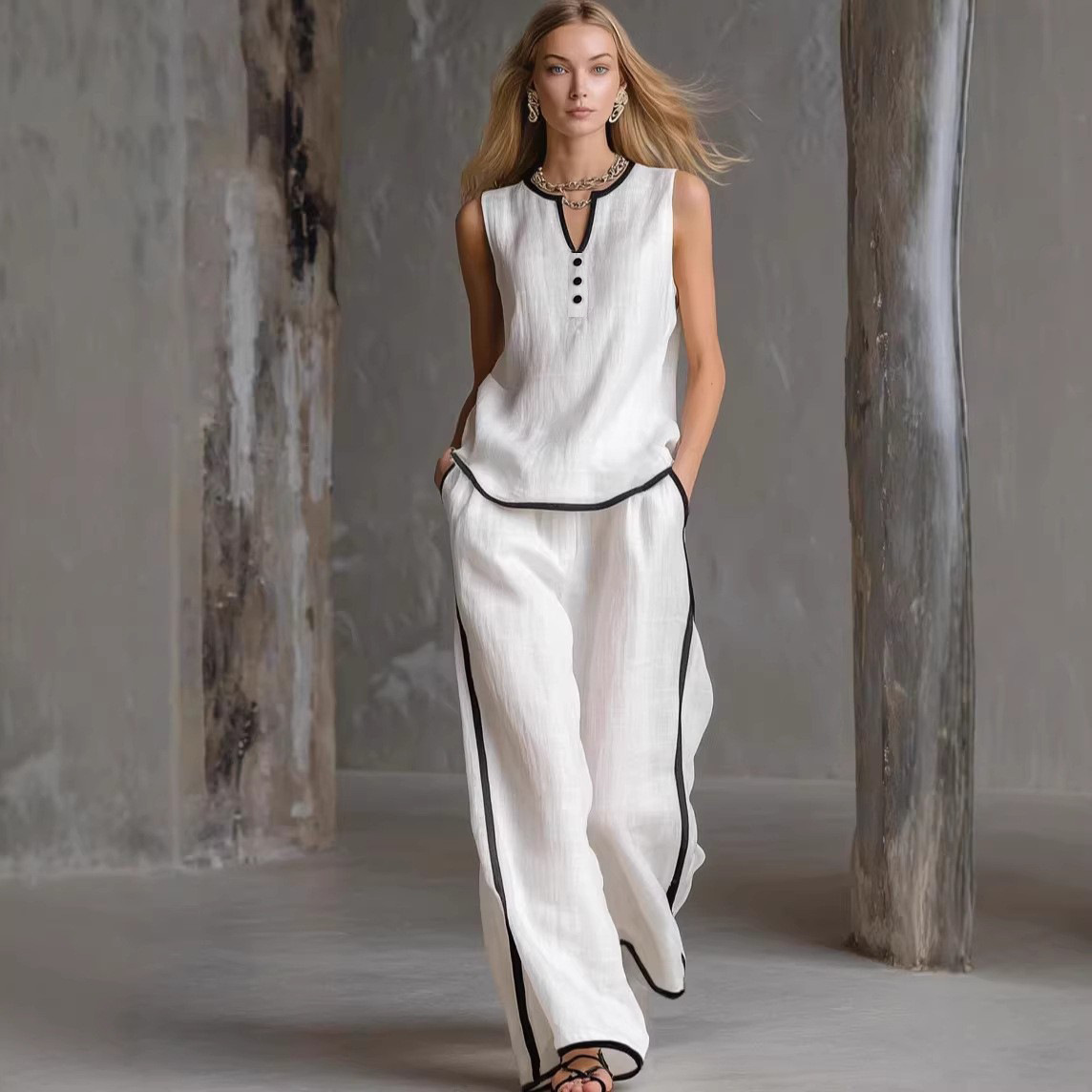 Summer Women's Sleeveless V Neck Color Block Wide Leg Pants Set Style Casual Fashion Solid Two Piece_ecoleips.com