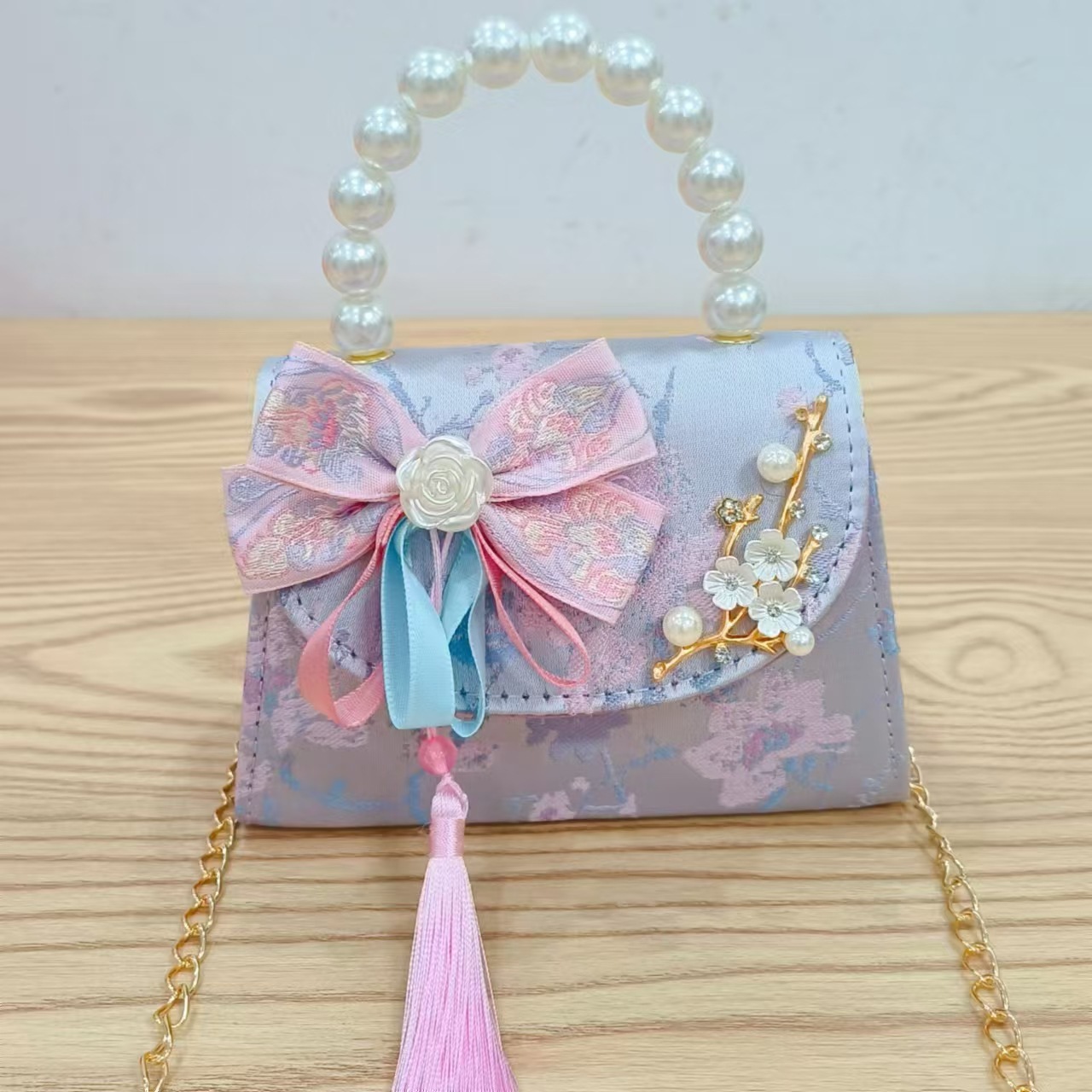 Bolso de princesa de estilo chino bolso de cadena bolso de perla bolso de mano para niñas bolso de accesorios de ropa de vestir regalos del día del niño
