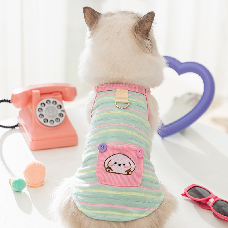 Colisionamiento de perro de verano, bolsillo de cachorro lindo, tirantes a rayas de color, tirantes de gato, ropa de peluche para mascotas de dos patas