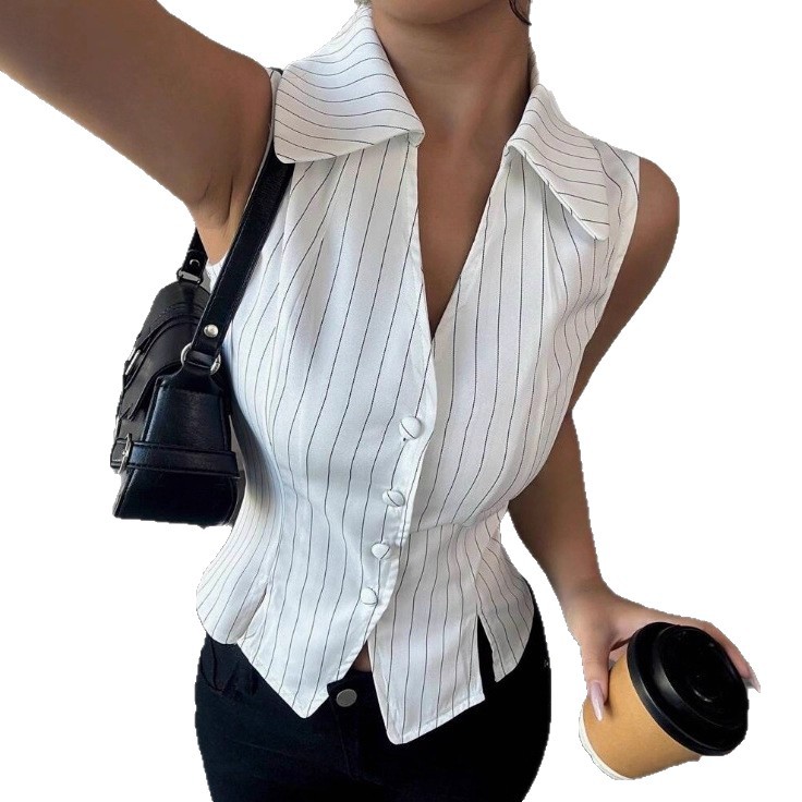 2025 European And American Elegant Fashion Slim Fit Striped Sleeveless Top Shirt_ecoleips.com
