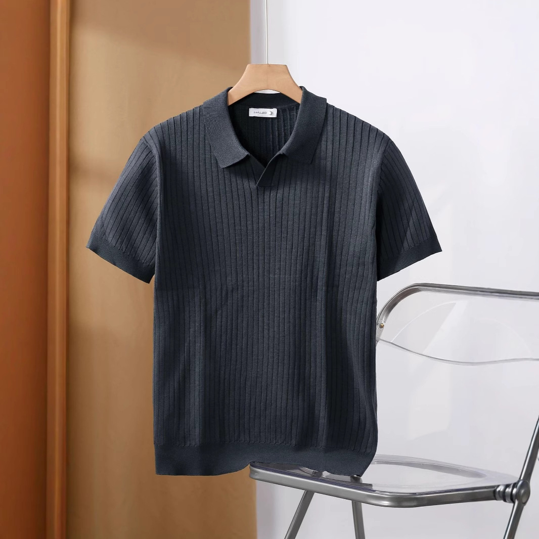 Polo de punto a rayas para hombre, cuello tipo tijera, corte ajustado, estilo casual de negocios, ligero, suéter de manga corta transfronterizo.