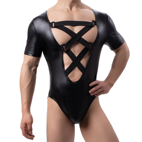 Men's body-shaping short-sleeved leather patchwork side mesh crossover jumpsuit slim fit one-piece triangle waist