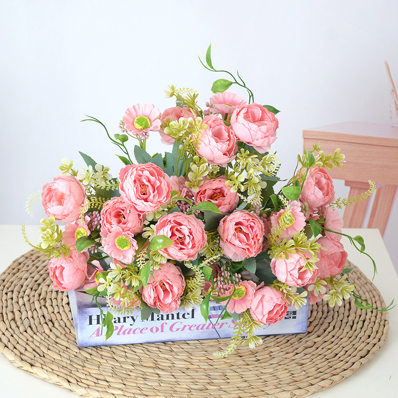 仿真花 歐式款牡丹花辦公室桌面小花束裝飾擺放花7頭把束小牡丹花