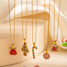 欧美跨境圣诞节彩色圣诞树项链女轻奢小众高级感锁骨链不锈钢项饰