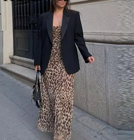 Cross-border Summer New Women's Clothing Animal Print Strap Long Dress Slimming And Sexy Pleated Design_ecoleips.com