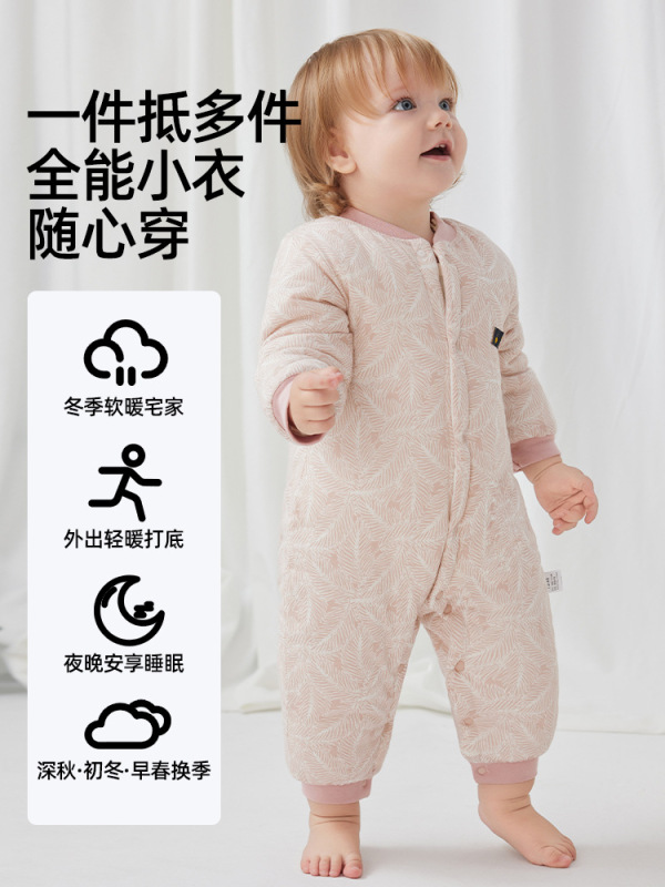 婧麒婴儿衣服秋冬夹棉保暖棉衣新生儿哈衣纯棉连体衣宝宝加厚冬装|undefined