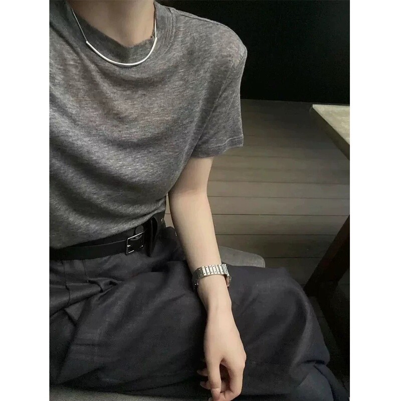 Tencel Wool Mask T-Shirt for Women, Summer Korean Style, Fashionable Slim-Fit Simple Gray Short-Sleeve T-Shirt, Regular Shoulder Round-Neck Top