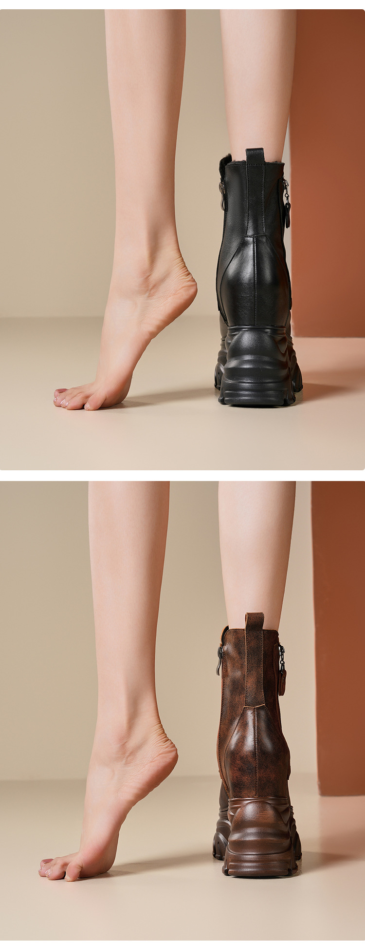 Boot nữ cổ thấp đế tăng chiều cao 14 cm phong cách cổ điển, dáng ôm chân, mũi tròn — Lót nhung đen chi tiết 4
