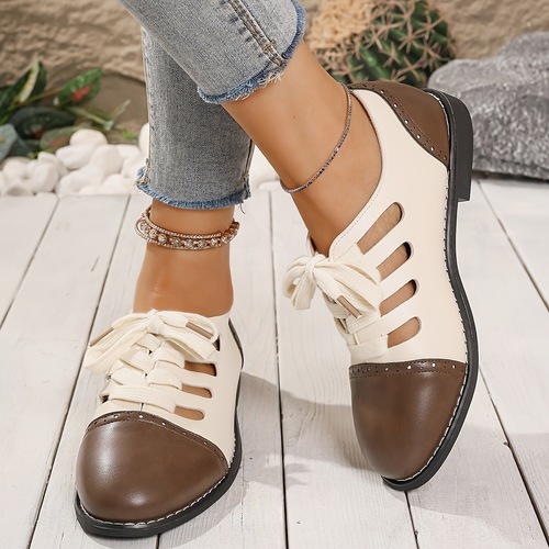 Women's Summer Low Heel Shoes with Cut-Out Design and Brogue Details