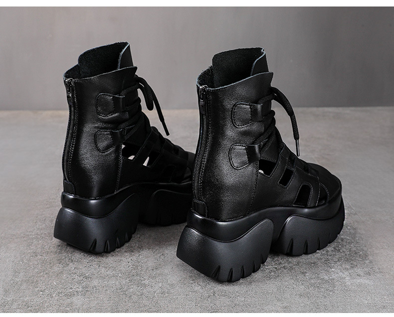 Sandal cao gót nữ hở mũi da bò thật quai buộc dây kéo sau — màu đen chi tiết 12