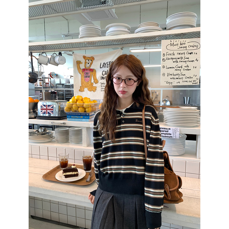 Whystudio Korean Retro Preppy Polo Collar Wool Stripesd Knitted Sweater Women's New Autumn and Winter Clothes