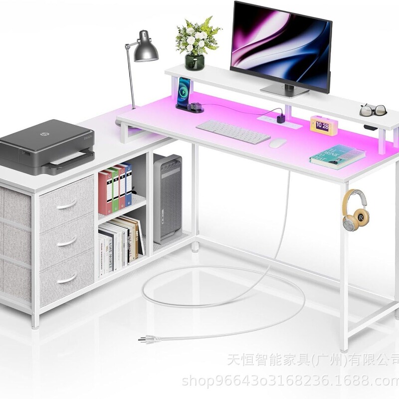 Seven Desks Computer Desk with Power Outlet and Led Light Double-Sided L-Shaped Desk with Three Drawers Writing Desk