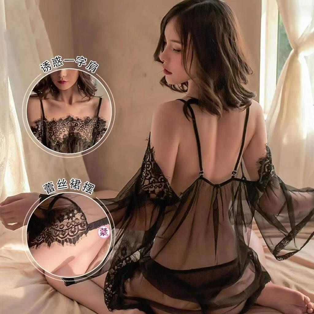 요정 섹시한 잠옷 여자의 여름 얼음 실크 얇은 레이스 슬링 잠옷 세트 매력적인 순수 등이없는