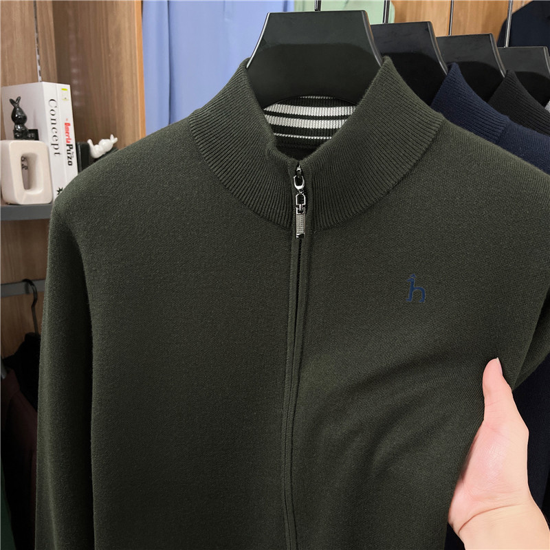Áo len cardigan nam Haggis 100% len dày dặn có khóa kéo dệt kim cổ đứng — màu đen