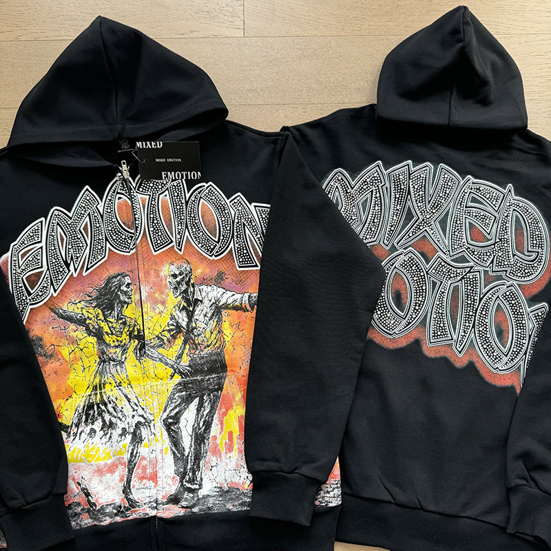 Mixed Emotion American High Street Style Flame Zombie Rhinestone Slogan Hooded Zip-Up Sweatshirt Men's Loose Top Mixed Emotion American High Street Style Flame Zombie Rhinestone Slogan Hooded Zip-Up Sweatshirt Men's Loose Top