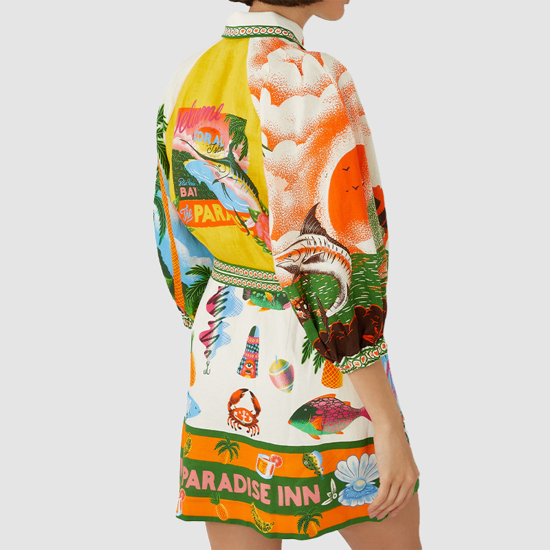 Women Clothing Casual Printing Shirt Cardigan 3/4 Sleeve Office Dress