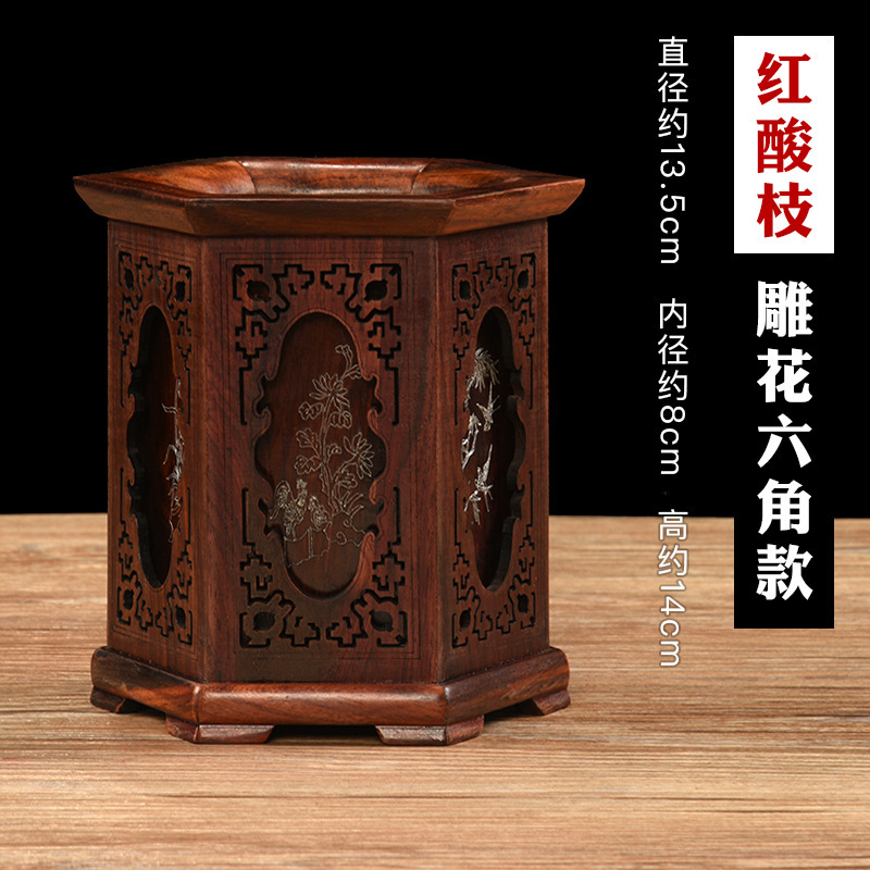 赤い木の透かし彫りの筆は筆の筒の新しい中国式の実木の筆の筒の事務用品のアイデアの筆の筒の復古の原木を収納します。|undefined