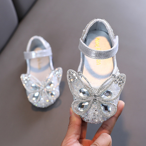 2024 Spring and Autumn New Korean Style Girls Princess Square Saliva Diamond Bow Single Shoes Leather Shoes Performance Dance Shoes for Girls