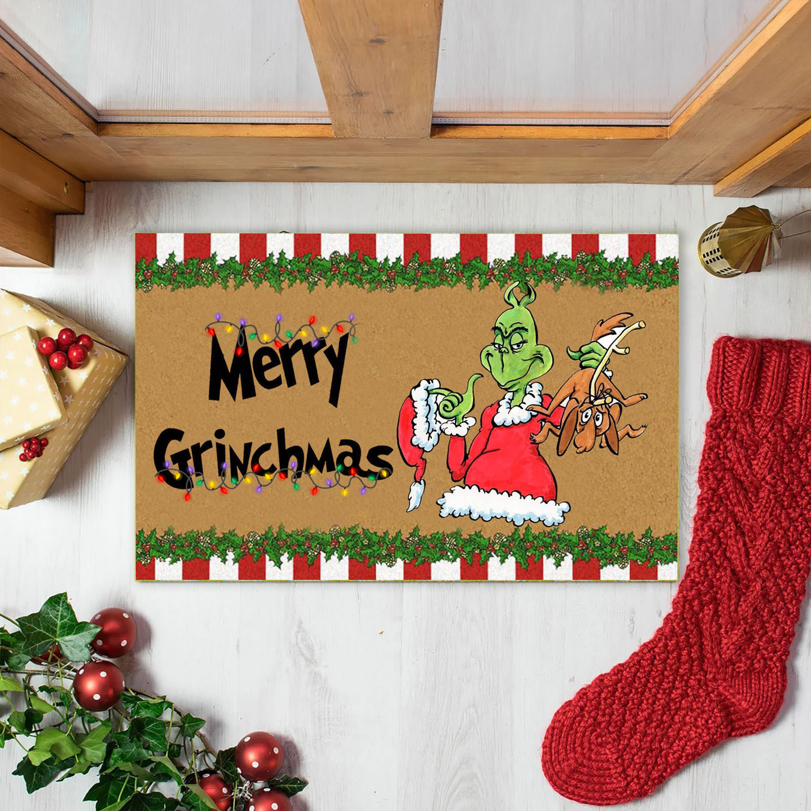 En stock Grinch alfombra del piso transfronterizo alfombra de Navidad alfombra de puerta de vacaciones verde payaso alfombra del piso
