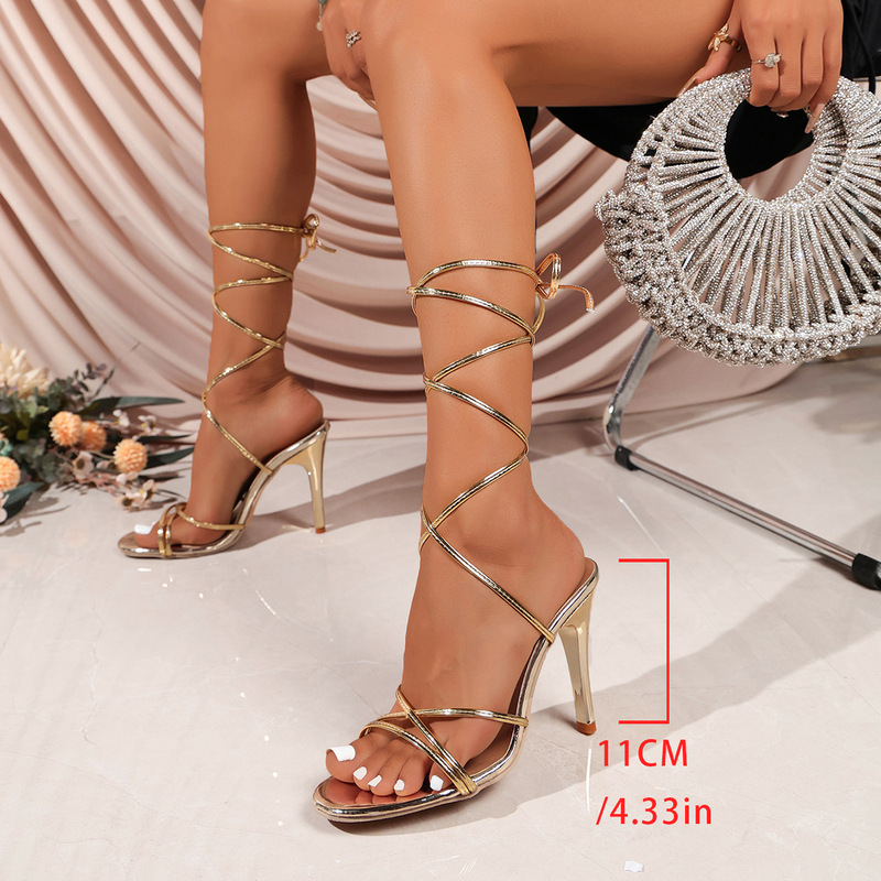 2026 Summer European and American Style Patent Leather Lace-Up High-Heeled Sandals for Women Cross-Border Sexy Leg-Ring Stiletto Sandals