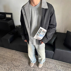 黑色格纹拼接假两件外套男生秋季翻领短款棒球服cleanfit飞行夹克
