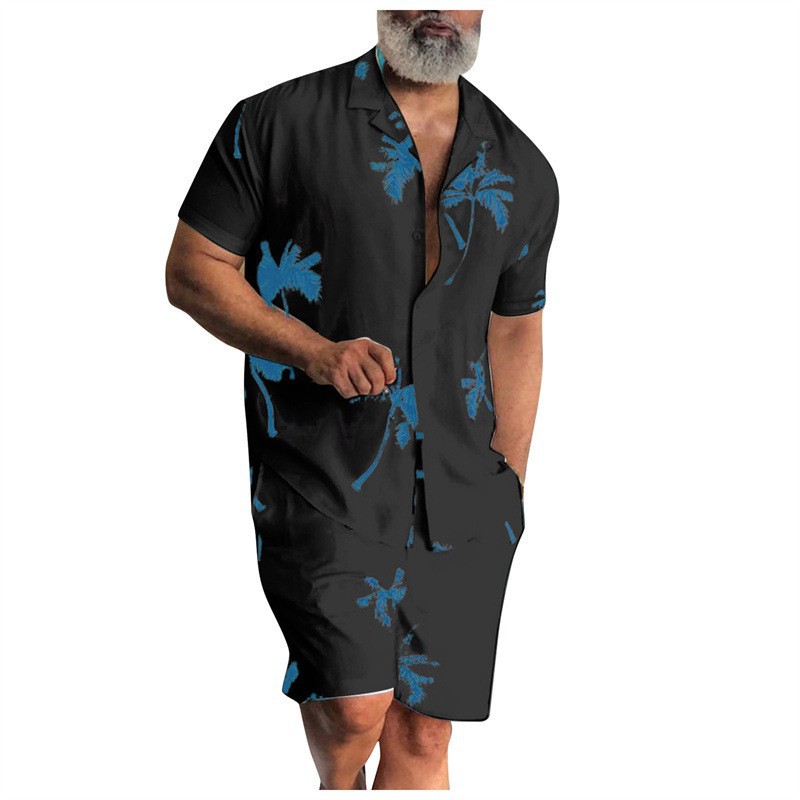 Verano Amazon venta caliente impresión 3D suelta camisa de manga corta traje casual hawaiano estampado de dos piezas para hombre