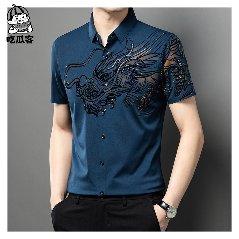 Explosive Summer Short-sleeved Men's Flocking Printed Fashion Shirt Men's Casual All-match Mid-youth Men's Lapel T-shirt Men's Shirt