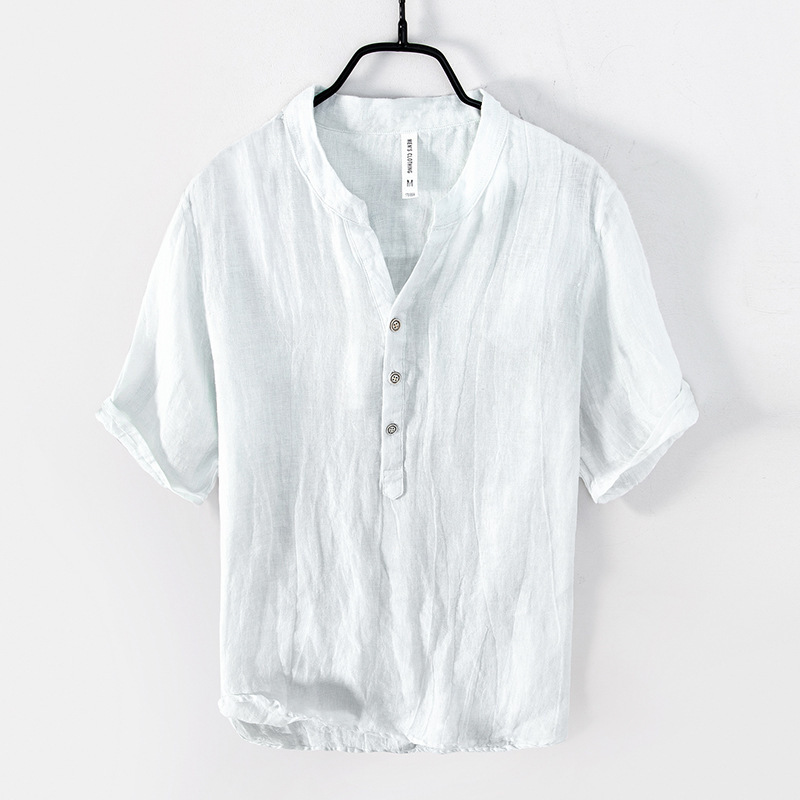 2026 Summer Linen Short Sleeve T-Shirt Men's Casual Stand Collar Pullover Shirt Large Size Retro Thin V-Neck T-Shirt 2026 Summer Linen Short Sleeve T-Shirt Men's Casual Stand Collar Pullover Shirt Large Size Retro Thin V-Neck T-Shirt