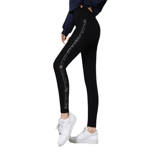 Women's Winter and Autumn Iced Drilling Leggings with Side Drilling and Hip-Lifting High-Waisted Leggings for Sports Outerwear